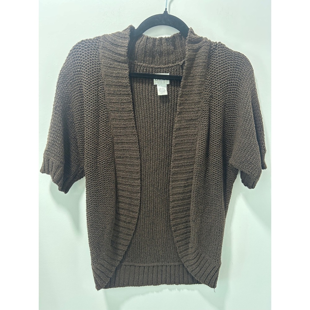 Chicos Brown Silk Blend Open Front Cardigan Sweater Short Sleeve Shrug Size 0